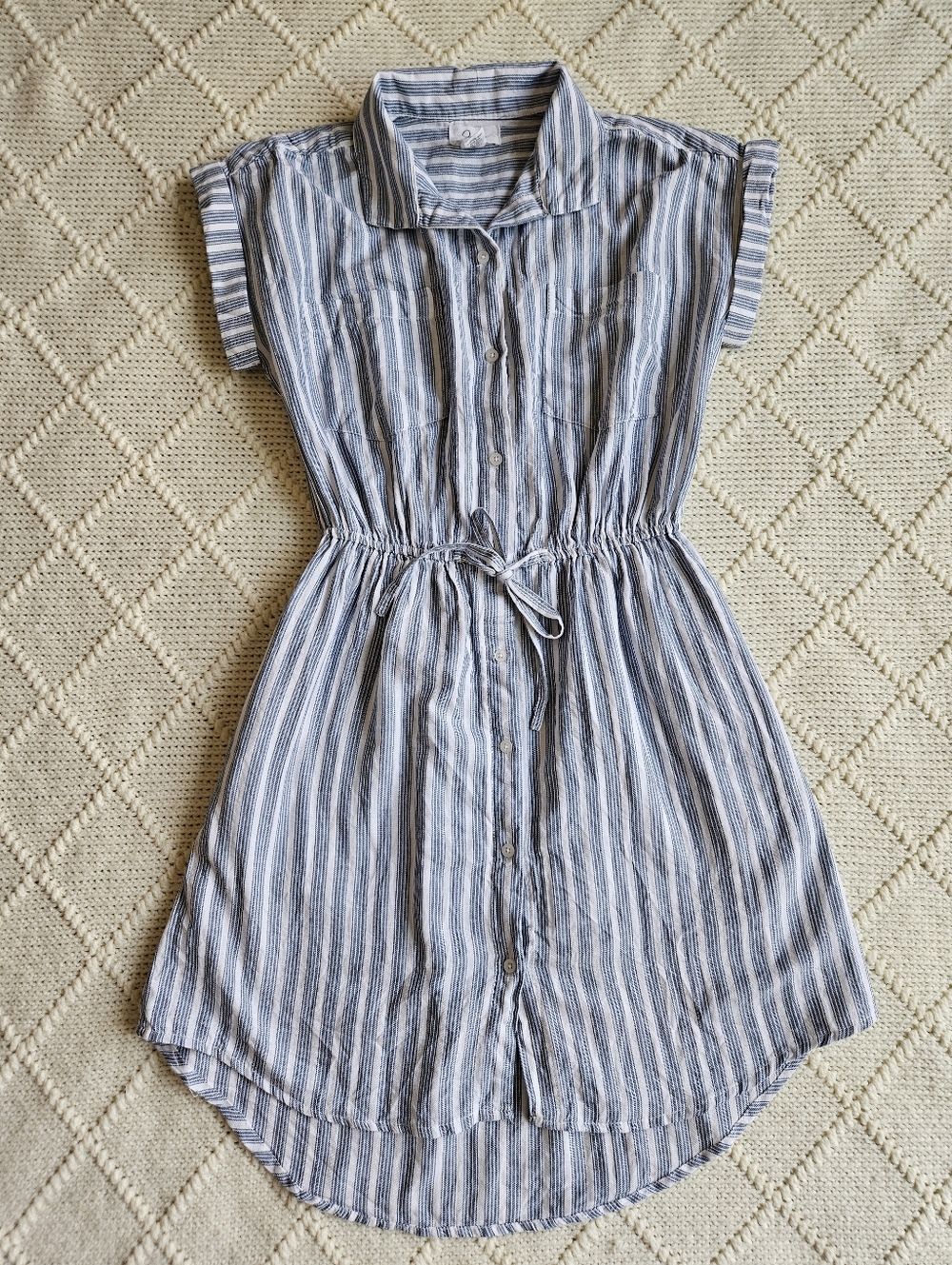 Japna Blue & White Striped Shirt Dress Drawstring 100% Cotton Size S